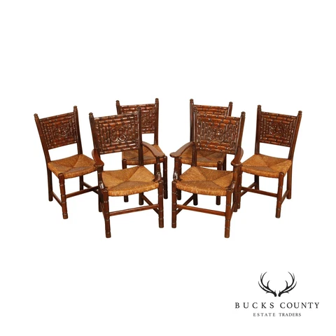 British Colonial Style Set of Six Rush Seat Dining Chairs Cover