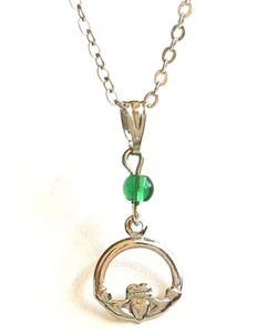 Irish Celtic Claddagh Necklace St. Patricks Day Luck Green Bead Stainless Steel - Picture 1 of 11