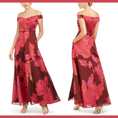 NWT $299 Adrianna Papell Off the Shoulder Floral Gown in Red Multi [SZ 2 ] #F895 — 第 1/4 张图片
