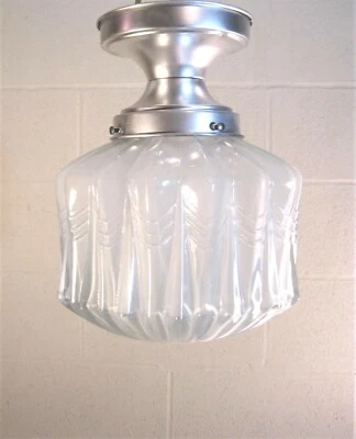  Skyscraper Schoolhouse Porch Art Deco Antique Ceiling Fixture Fluted Globe  - Image 1 of 4