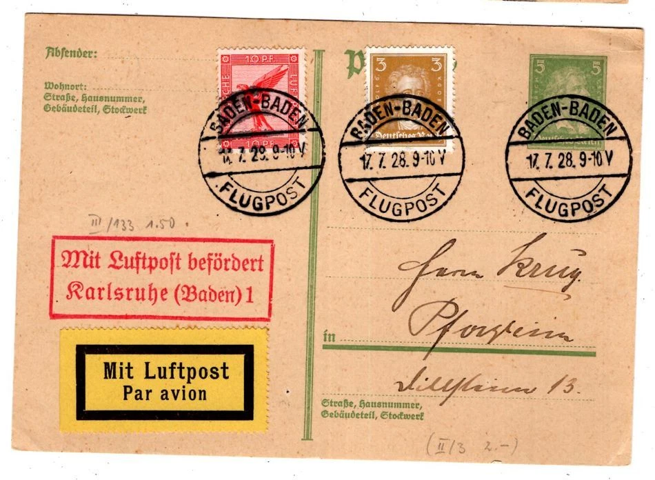 Zeppelin/Flugpost 1928 BADEN-BADEN FLUGPOST mit LUFTPOST KARLSRUHE (BA2081 - Bild 1 von 1