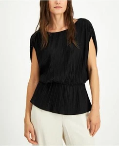 Black Pleated Peplum Ruched Waist Cap Sleeve Top - Picture 1 of 3