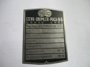 Typenschild Fiat 500 Steyer-Puch D 500D Schild S61 oldtimer pkw - Picture 1 of 1