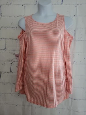 Camiseta Michael Kors Hombro Frío Plus 2X Rosa Melocotón Rayas Cremallera Lateral Acento  Foto 1 de 4