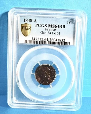 1848-A Un Centime Republique France Coin PCGS MS64RBGad-84 F-101 - Image 1 of 4