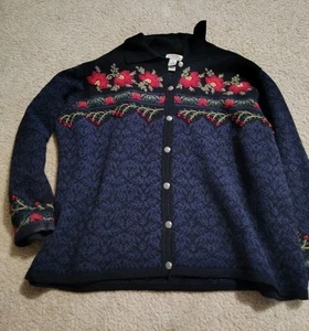 Vintage Talbot's Christmas Poinsettia Sweater Wool Silk Blend Women's 2X Petite - Picture 1 of 9