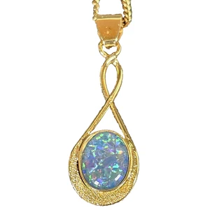 Opal Pendant Gold Plated Sterling Silver 18" Chain Teardrop - Picture 1 of 12