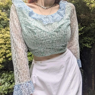 Vintage 1970s Lace Sparkly Blue And Mint Green Long Sleeve Crop Top - Image 1 of 4