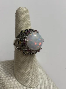 Anello in argento sterling opale plique a jour rubino ape misura 7 - Foto 1 di 8