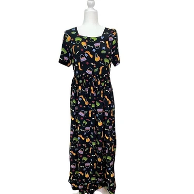 Coldwater Creek Vintage 90s Sz S Black Purse Shoe Flower Print Granny Maxi Dress - Image 1 of 4