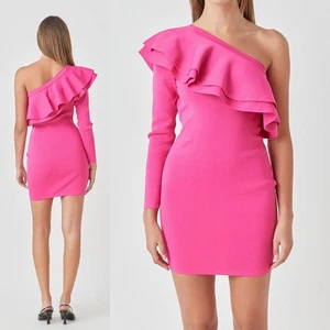 Endless Rose Anthropologie Bodycon Ruffle One Shoulder Knit Mini Dress XS - Picture 1 of 13