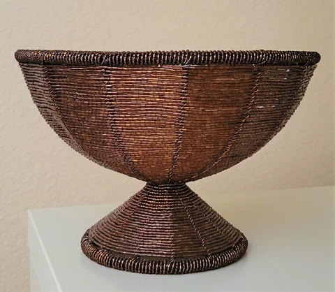 BROWN Seed Beaded Copper Metal Wire Pedestal BASKET Woven Handmade Cover