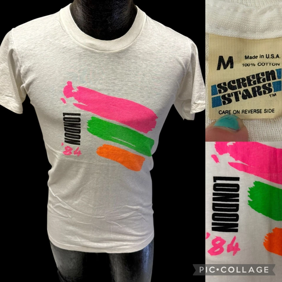 Nueva Camiseta De Colección Años 80 Pantalla Estrellas LONDRES 1984 Pintura Neón Plateado Bloques de Color M Foto 1 de 4