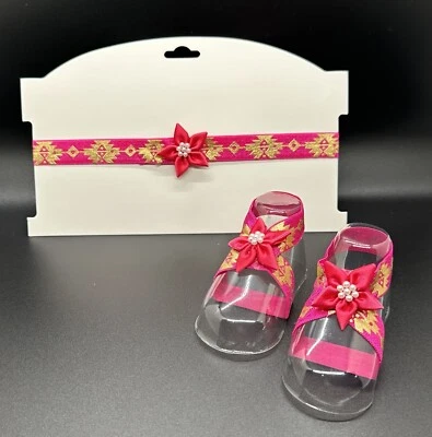 Baby Barefoot Sandals and matching headband in Pink & gold and Pink Flower 0-6mo - Image 1 of 4