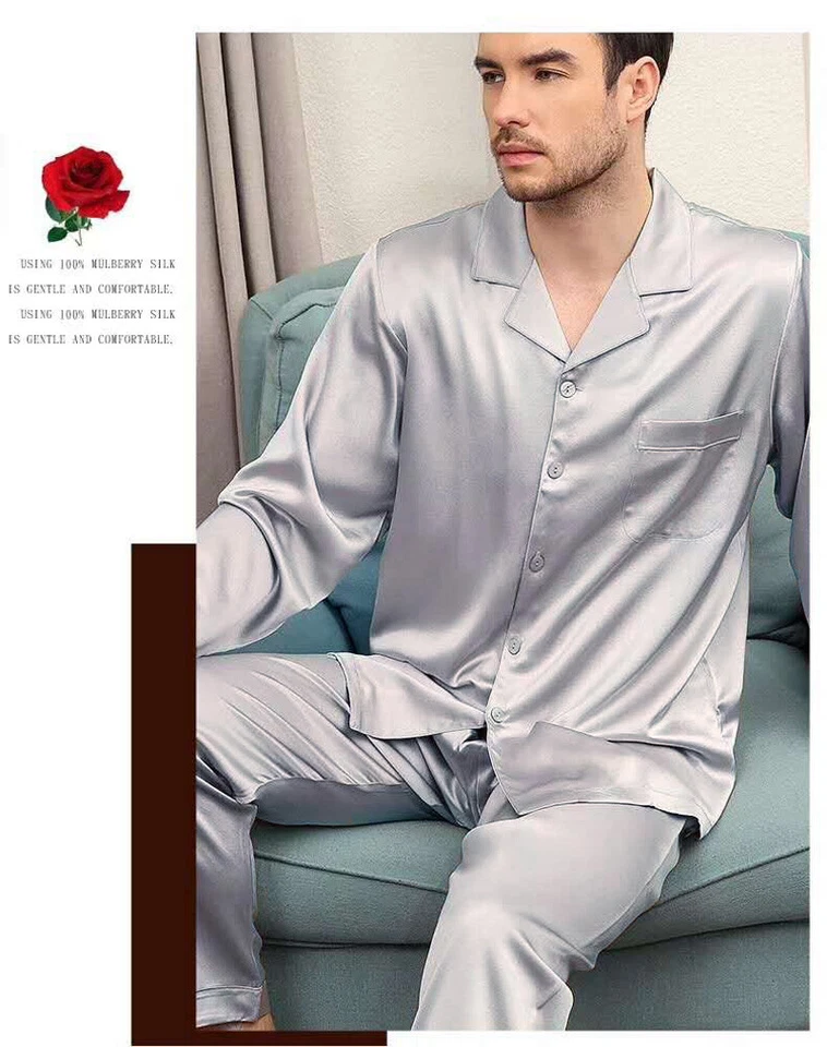 Conjunto de pijama de seda de mora 100 % pura de 25 mm para hombre manga larga ropa de dormir de seda S ~ XXL Foto 1 de 4