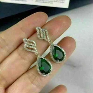 3Ct Pear Simulated Emerald Teardrop Drop Dangle Earrings 14K White Gold Plated - Picture 1 of 3