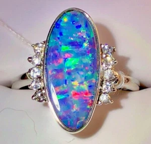 Rare Harlequin Australian Opal Ladies Ring 8 sapphire Sterling 3.5C GORGEOUS VID - Picture 1 of 13