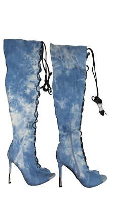 SHOEDAZZLE Blue Acid Wash Denim Thigh High Lace Up Open Toe Stiletto Heel Boots - Image 1 of 4