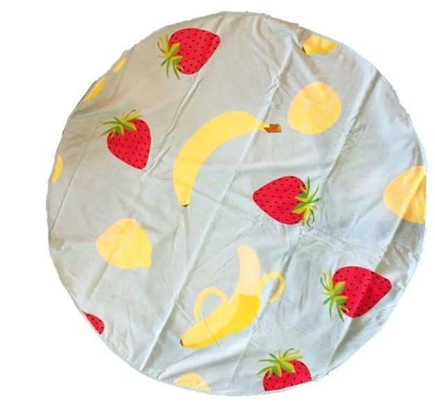 印花圆形棉质夏季水果海滩大毛巾 59 英寸直径(蓝色/黄色 Ba — 第 1/1 张图片