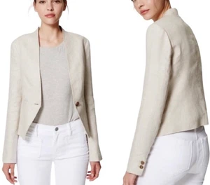 Blazer donna Ann Taylor LOFT singolo bottone senza colletto lino beige farina d'avena - Foto 1 di 10