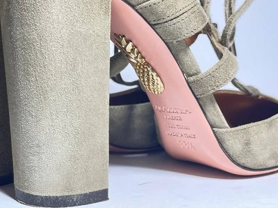 Aquazzura Firenze 麂皮绒系带粗跟凉鞋橄榄绿色女式 EU 36.5 — 第 1/4 张图片