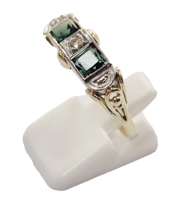 Oma Goldring 14 Karat 585 gold mit 2 Turmaline Ca. 4x4mm und 1 Zirkon  Größe 61 - Bild 1 von 4