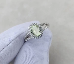 Genuine Green Amethyst 925 Silver Oval Halo Engagement Wedding Ring with CZ - Picture 1 of 7