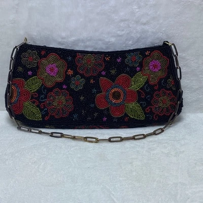 Bolso baguette de noche con cuentas negro color bolso sin asas con correa de cadena flores Foto 1 de 4