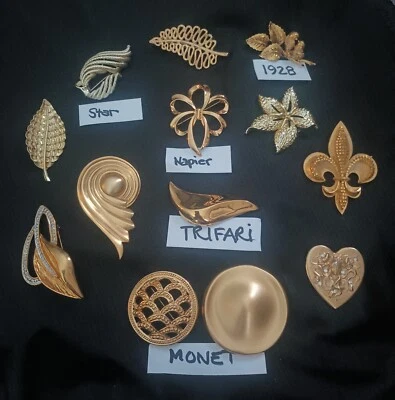 Lote De 13 Broches De Colección Tono Dorado Diseñador Firmado Monet-Napier-1928-Trifari-Estrella Foto 1 de 4
