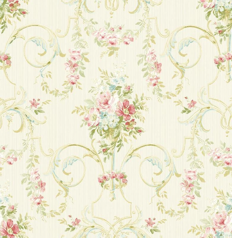 Wallpaper Victorian Pink Floral Bouquet Scrolls , 56 sq ft / bolt - Image 1 of 1