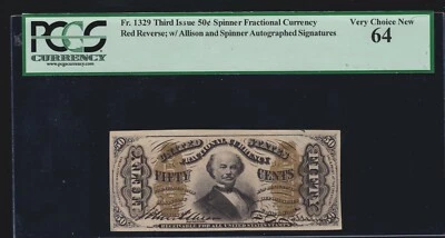US 50c Fractional Currency Note Autographed Red Back FR 1329 PCGS 64 V Ch CU - Image 1 of 2