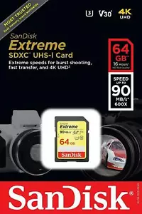 SanDisk Extreme 64GB SDXC UHS-I Card U3 90MB/s Class 10 Digital Memory - Picture 1 of 5