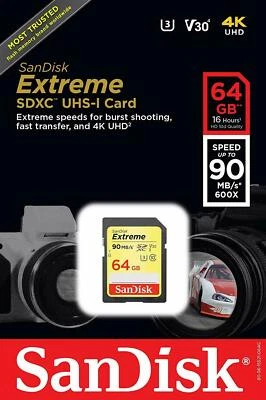 SanDisk Extreme 64GB SDXC UHS-I Card U3 90MB/s Class 10 Digital Memory. - Image 1 of 4