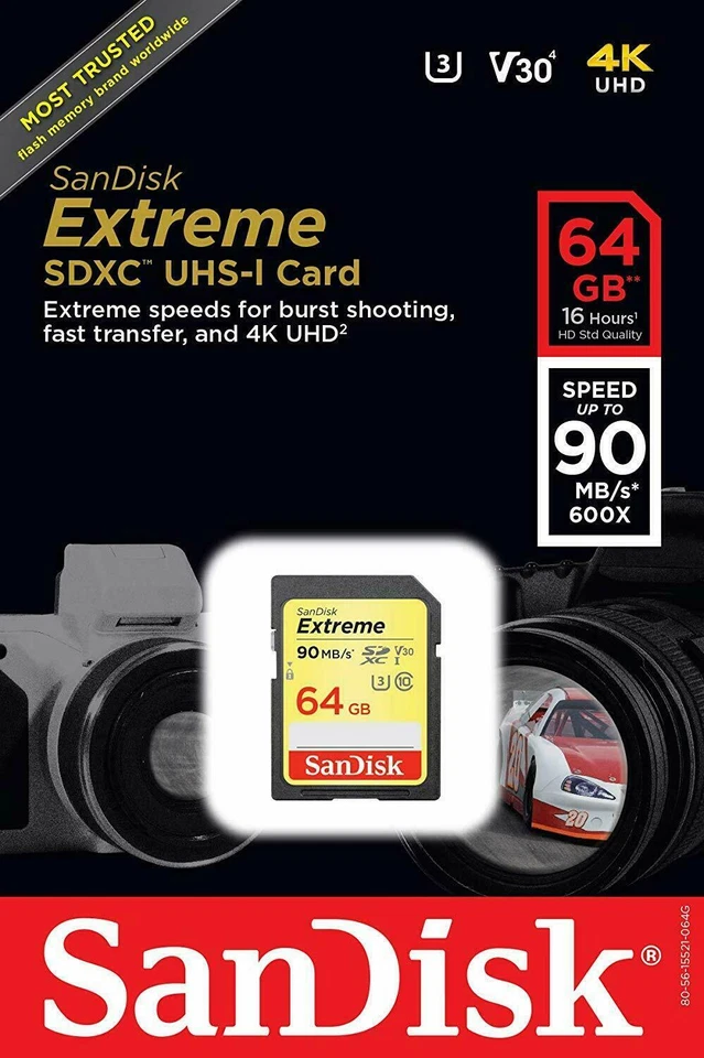 SanDisk Extreme 64GB SDXC UHS-I Card U3 90MB/s Class 10 Digital Memory. - Image 1 of 4