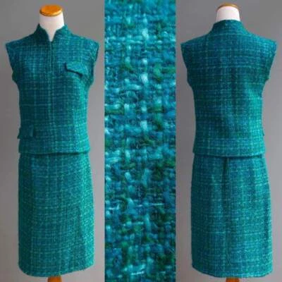 VTG 60s 70s Irish Mohair Hand Loomed Tweed 2p Suit Set Outfit Skirt Top Teal XS - Image 1 of 4
