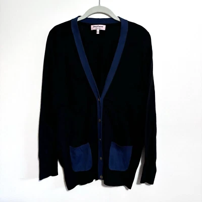 Juicy Couture Cardigan Sweater Midnight Blue Black Regal Colorblock Cotton L EUC - Image 1 of 4