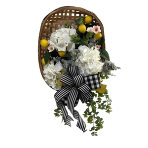 Handmade Wall Decor Tobacco basket lemons hydrangeas greenery - Picture 1 of 5