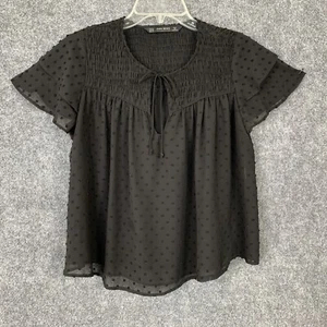 Zara Basic Top Women XS Semi Sheer Black Swiss Dot Ruffle Short Sleeve Smocking - Picture 1 of 10