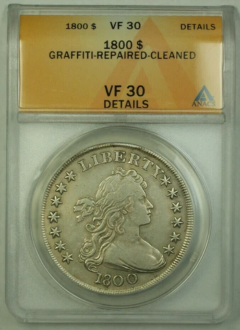 1800 Draped Bust Silver Dollar $1 Coin ANACS VF-30 Details RJS Cover