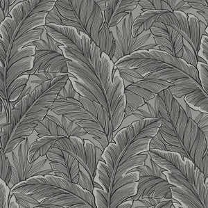 Pear Tree Tropical Palm Leaf Wallpaper Glitter Textured Vinyl Grey Black - Picture 1 of 2