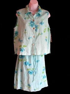 NEW LINEN Blouse Skirt Sz M 6 8 2pc Set Floral Aqua UNIFORM JPR Sleeveless Top - Picture 1 of 11