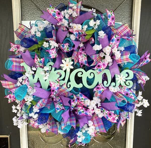 Summer Blues Welcome Spring Easter Deco Mesh Wreath Farmhouse Cottage Decor - Picture 1 of 7