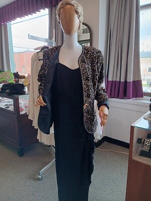 Chaqueta de Noche Karen Lawrence Oropel Dorado Años 80 De Colección, Vestido Negro, 2 Piezas Set Foto 1 de 4