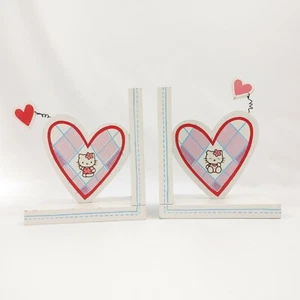 HELLO KITTY Book Ends White Wood Bookends With Hearts Pinks Blues Plaid HTF - Picture 1 of 6