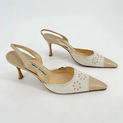 Manolo Blahnik Retro Floral Eyelet Beige Pointed Cap Toe Slingback Heel IT 40 - Image 1 of 4