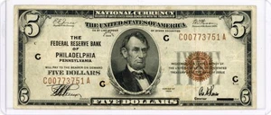 1929 $5 FEDERAL RESERVE BANK OF PHILADELPHIA, PA BROWN SEAL XF - Picture 1 of 2