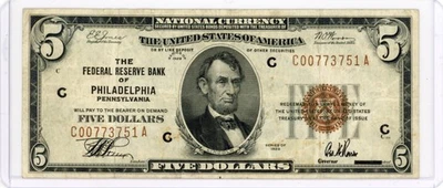 1929 $5 FEDERAL RESERVE BANK OF PHILADELPHIA, PA BROWN SEAL XF - Image 1 of 2