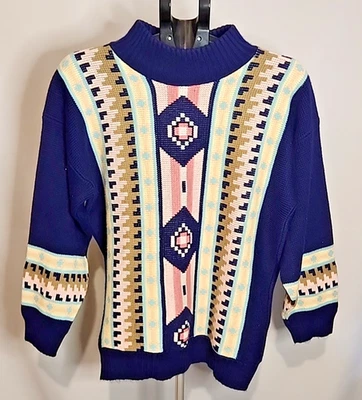 复古 80 年代女式阿兹特克部落毛衣大号粉色和海军蓝模拟高领 — 第 1/4 张图片