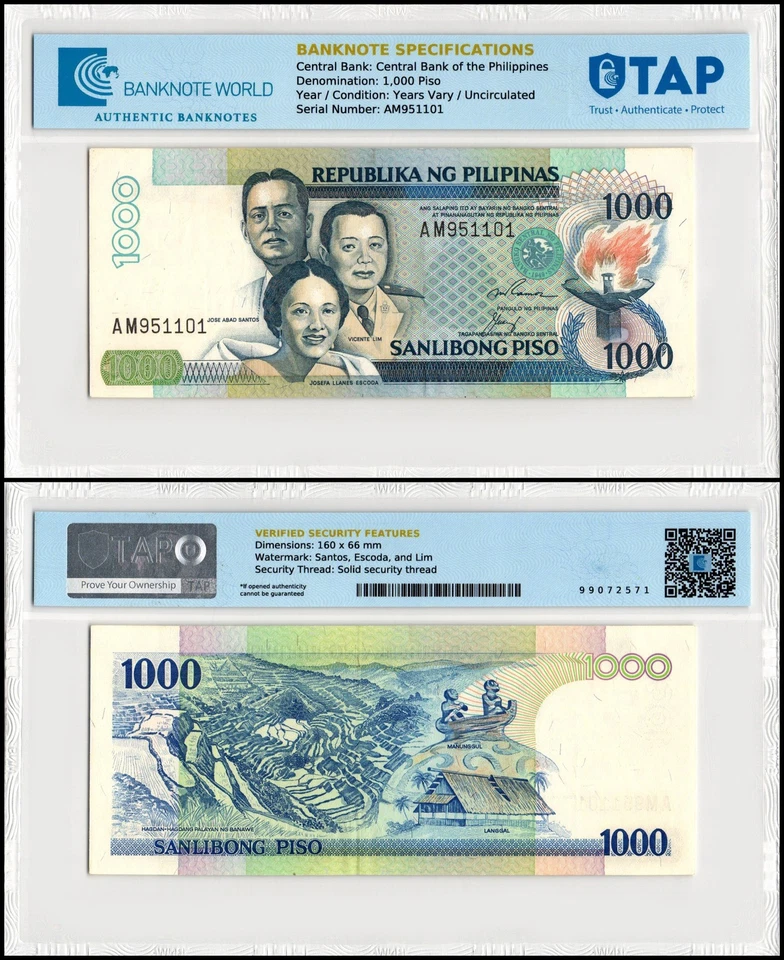 Filipinas 1000 Piso, 1991-1994 ND, P-174b, autenticado UNC Foto 1 de 1