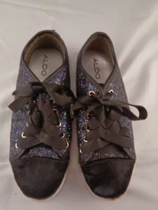Aldo  Size  7.5  Glitter Flats Shoes Oxfords Black Ribbon Laces - Picture 1 of 3